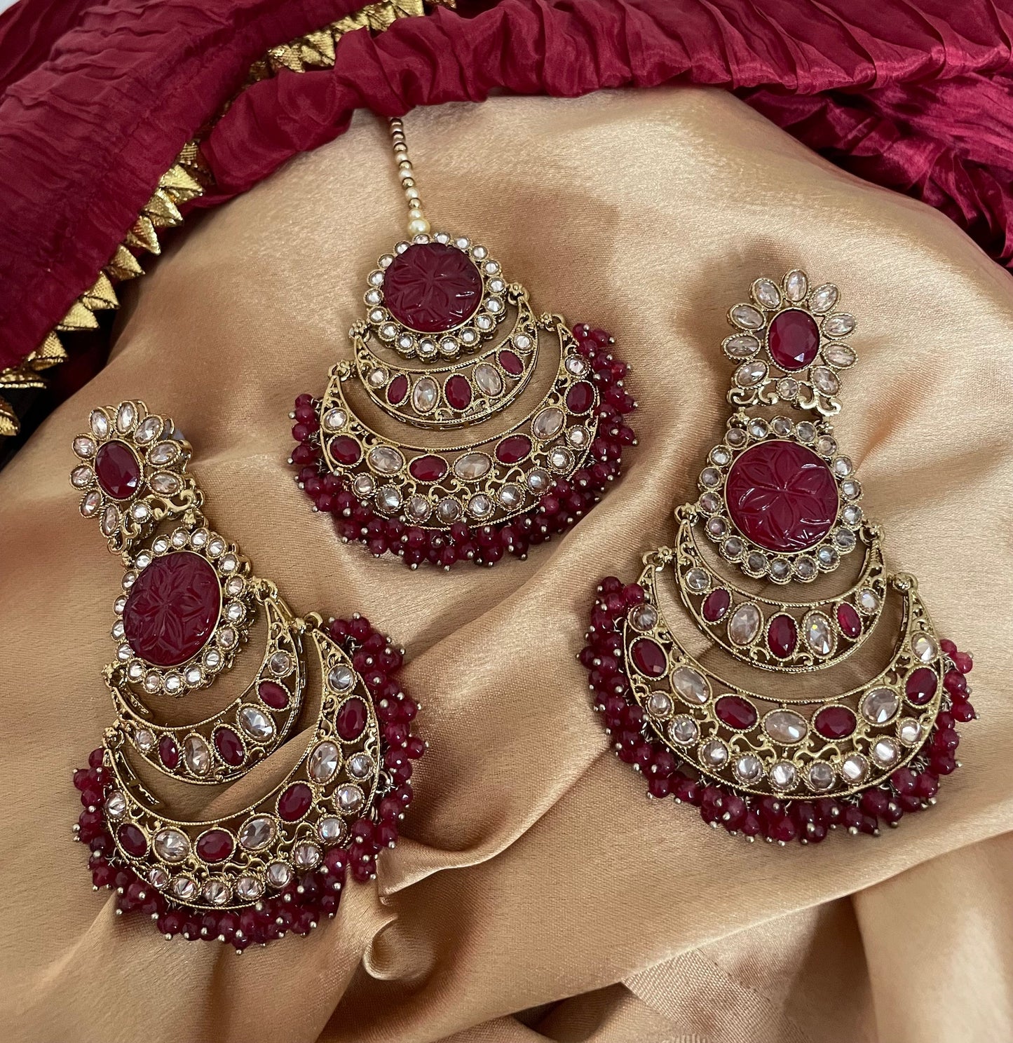 Red Bridal Polki Jewelry Set/Bridal Choker Set/Bollywood Jewelry/Polki Necklace Set/Polki Chandbalis/Indian Jewelry Set/Tika Set