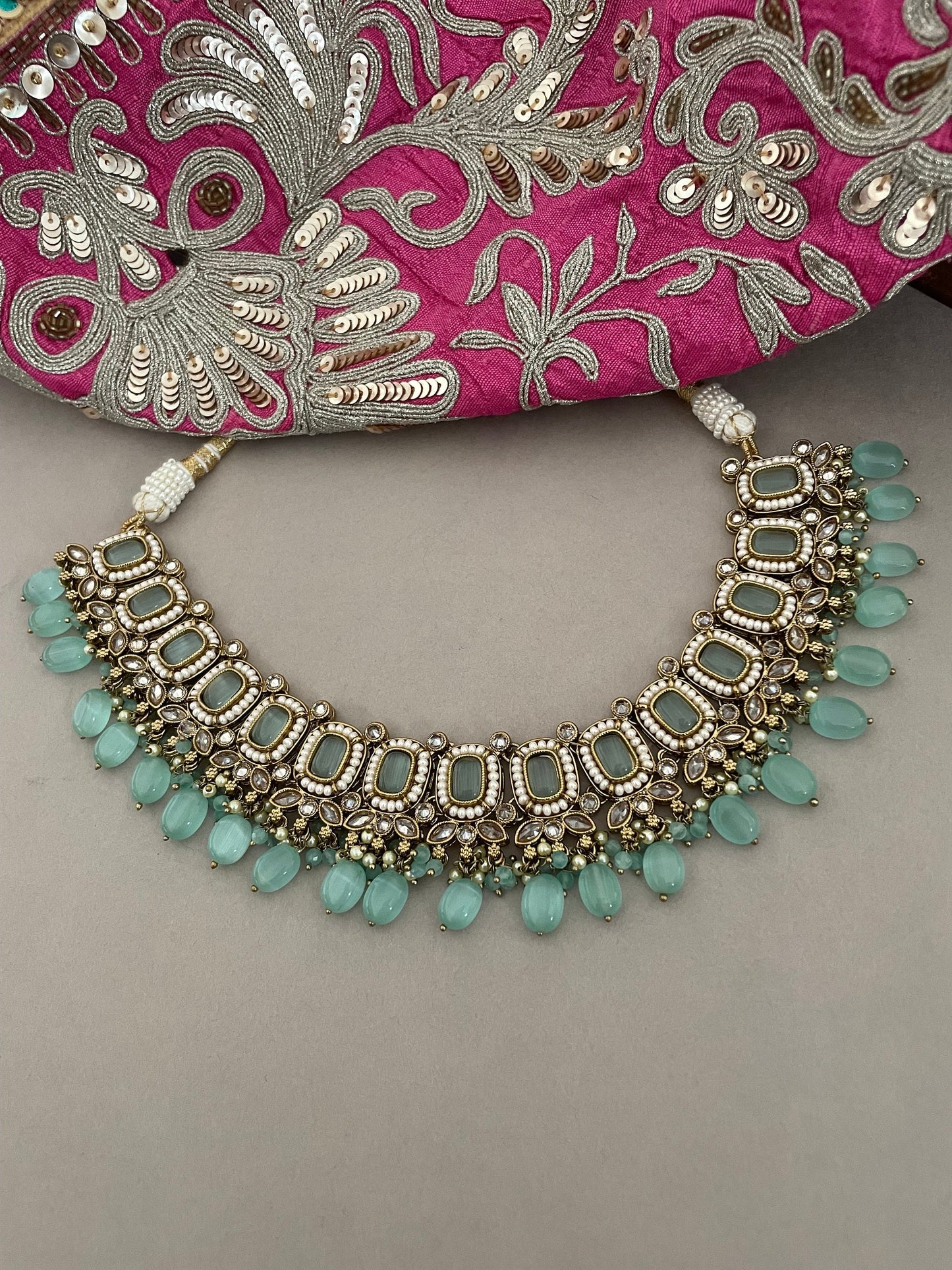 Mintgreen Polki Jewelry Set/Mehndi Polish Set/Bollywood Jewelry/Polki Necklace Set/Polki Chandbalis/Indian Jewelry Set/Tika Set
