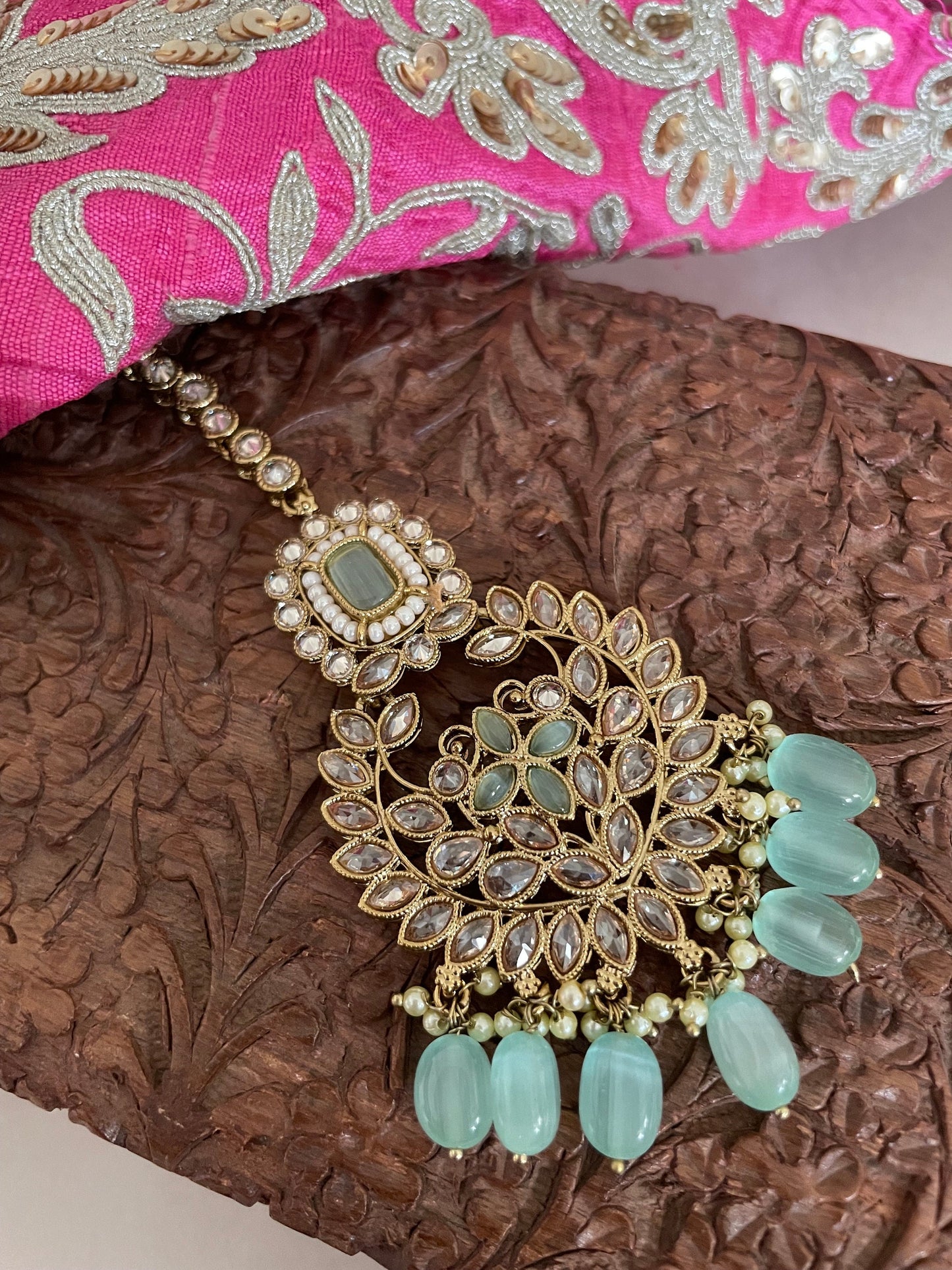 Mintgreen Polki Jewelry Set/Mehndi Polish Set/Bollywood Jewelry/Polki Necklace Set/Polki Chandbalis/Indian Jewelry Set/Tika Set