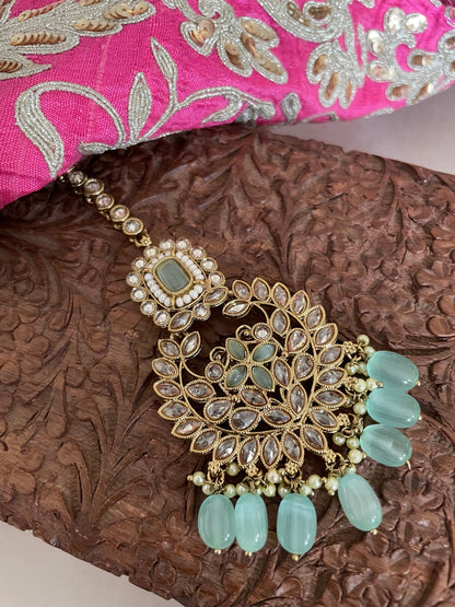 Mintgreen Polki Jewelry Set/Mehndi Polish Set/Bollywood Jewelry/Polki Necklace Set/Polki Chandbalis/Indian Jewelry Set/Tika Set