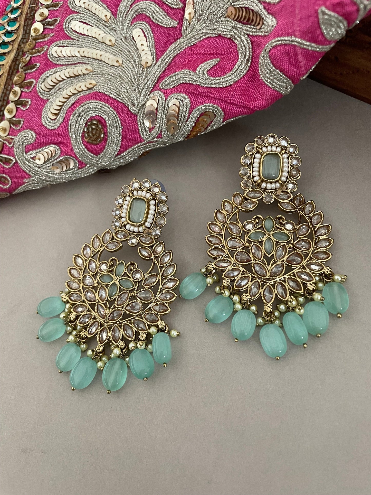 Mintgreen Polki Jewelry Set/Mehndi Polish Set/Bollywood Jewelry/Polki Necklace Set/Polki Chandbalis/Indian Jewelry Set/Tika Set