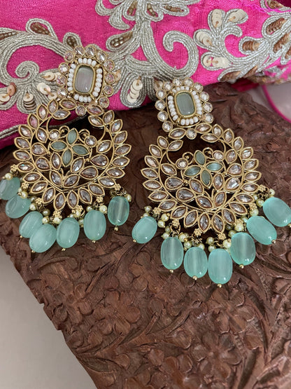 Mintgreen Polki Jewelry Set/Mehndi Polish Set/Bollywood Jewelry/Polki Necklace Set/Polki Chandbalis/Indian Jewelry Set/Tika Set