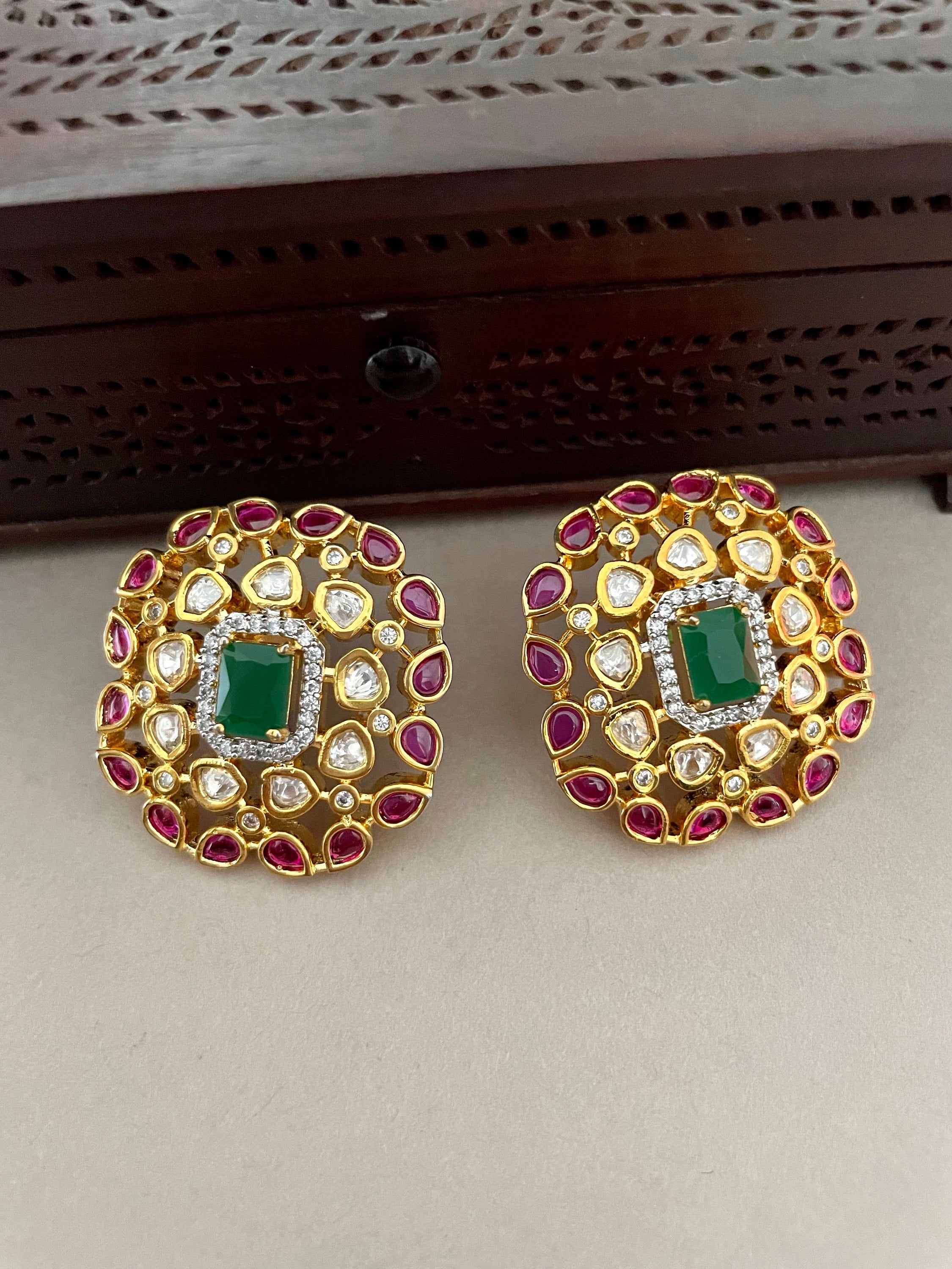 Red and Green Kundan Stud Earrings
