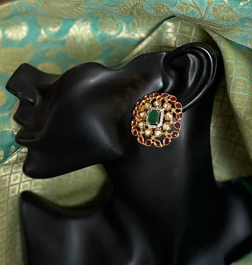 Red and Green Kundan Stud Earrings