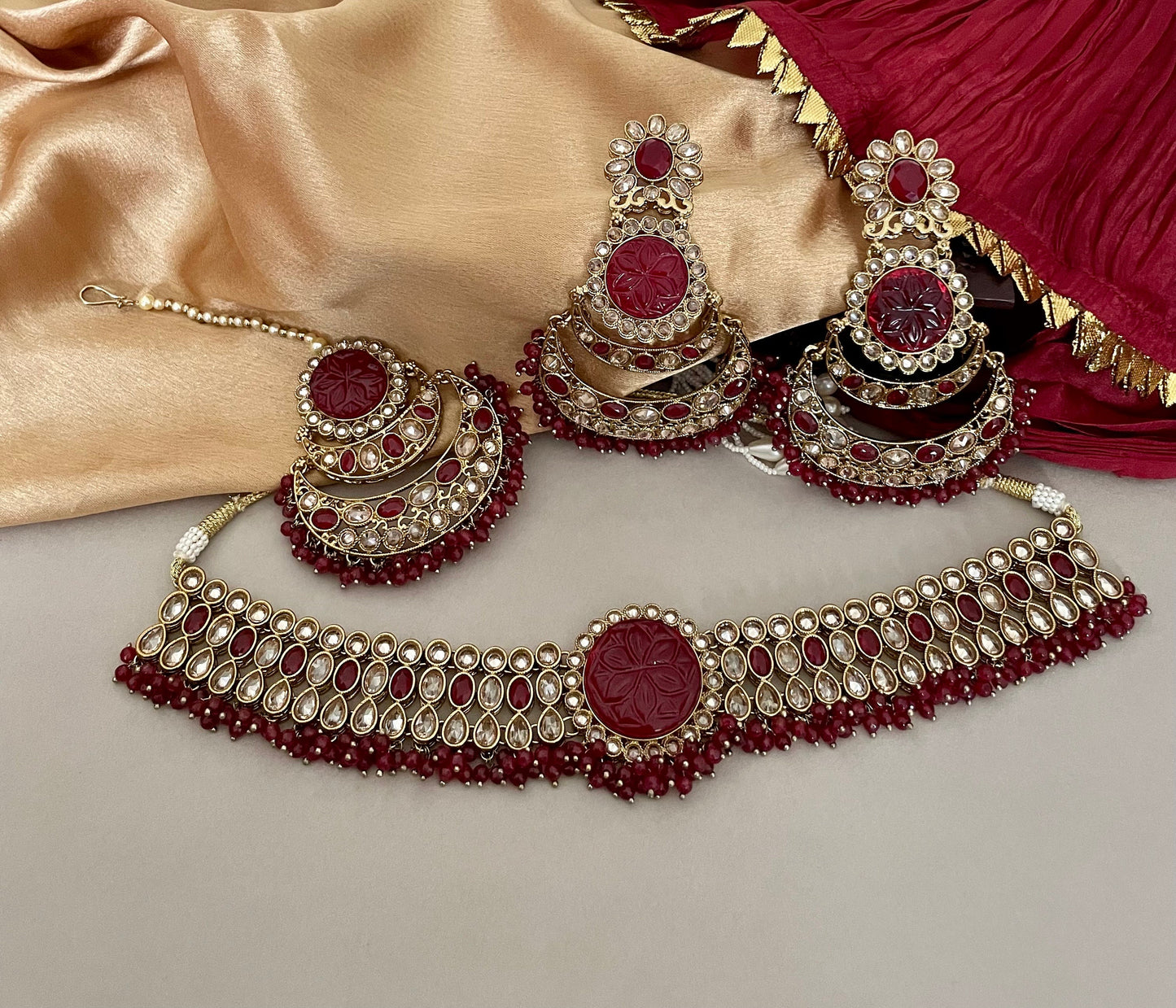 Red Bridal Polki Jewelry Set/Bridal Choker Set/Bollywood Jewelry/Polki Necklace Set/Polki Chandbalis/Indian Jewelry Set/Tika Set