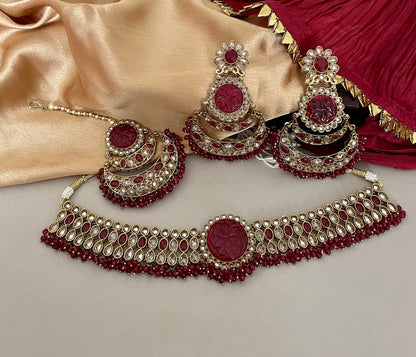 Red Bridal Polki Jewelry Set/Bridal Choker Set/Bollywood Jewelry/Polki Necklace Set/Polki Chandbalis/Indian Jewelry Set/Tika Set