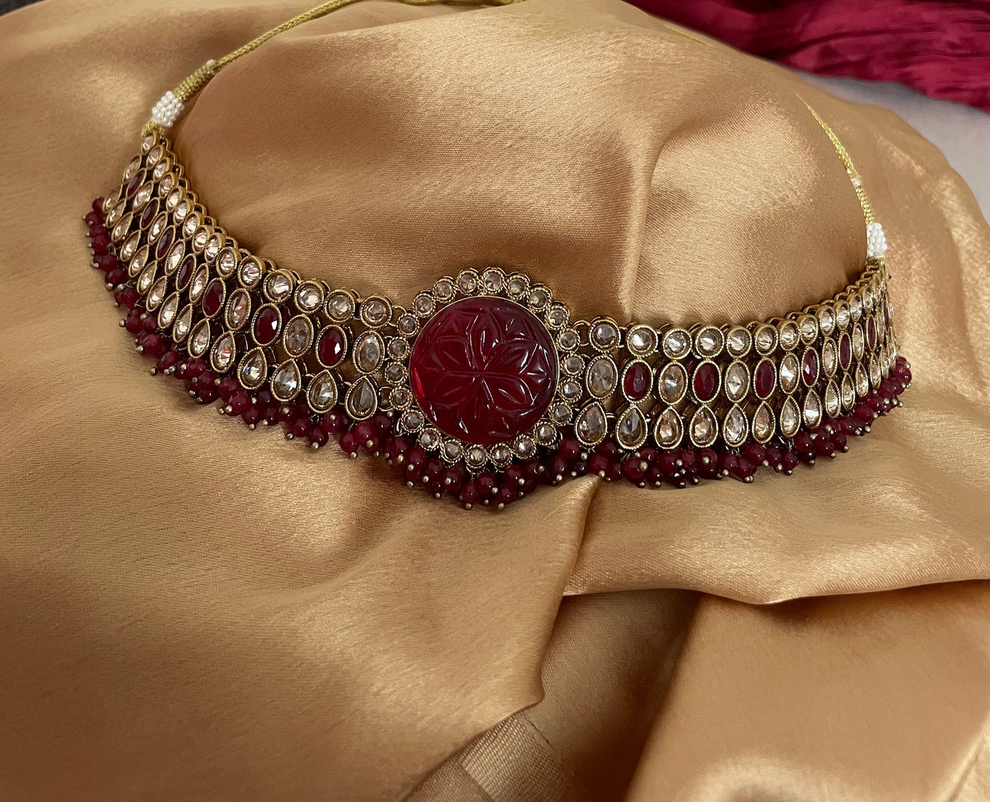 Red Bridal Polki Jewelry Set/Bridal Choker Set/Bollywood Jewelry/Polki Necklace Set/Polki Chandbalis/Indian Jewelry Set/Tika Set