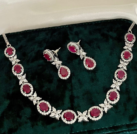 Ruby Red and Diamond Set/American Diamond Red Set/Cubic Zirconia Set/Indian Jewelry Set/Wedding Set
