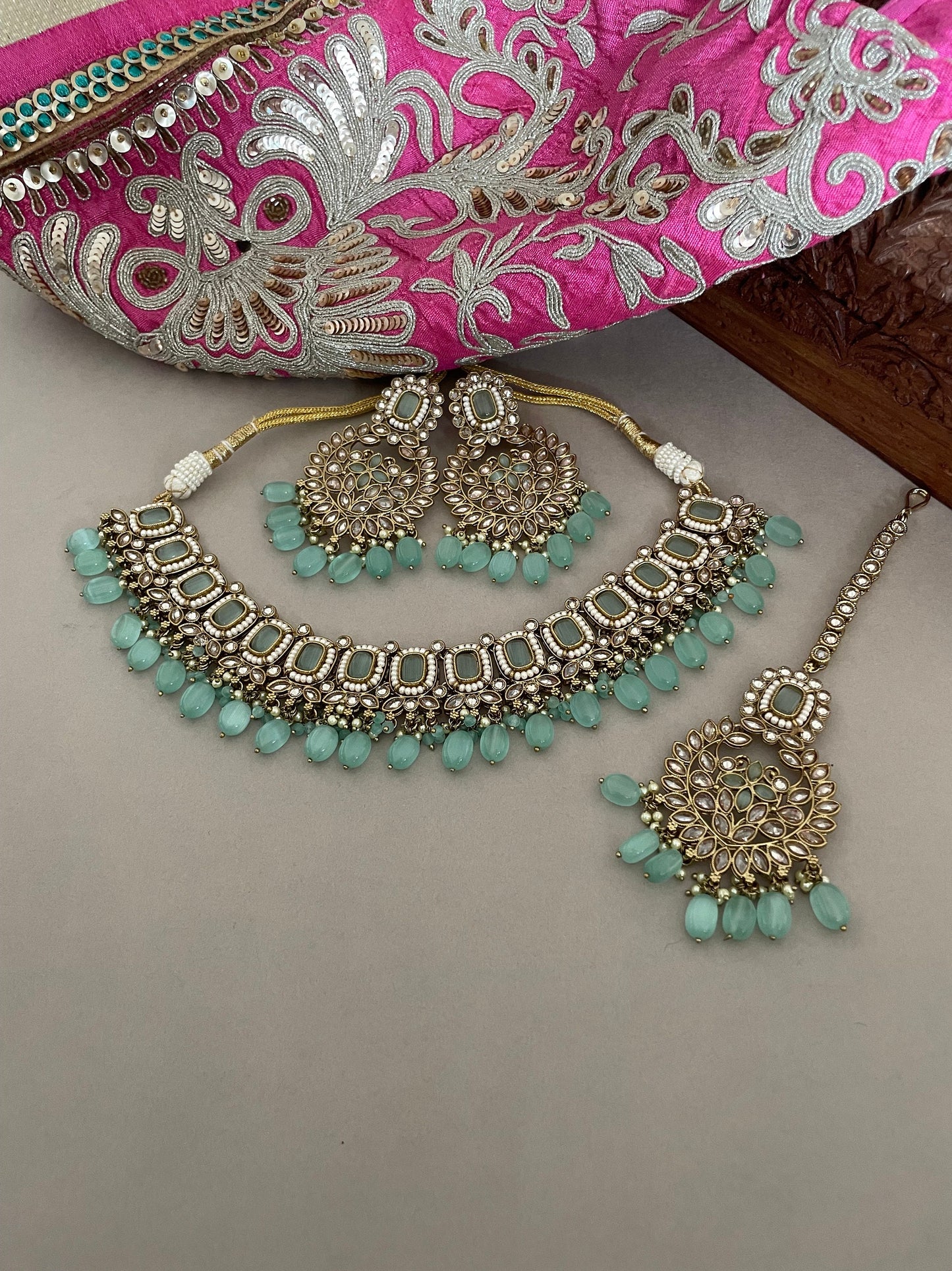 Mintgreen Polki Jewelry Set/Mehndi Polish Set/Bollywood Jewelry/Polki Necklace Set/Polki Chandbalis/Indian Jewelry Set/Tika Set