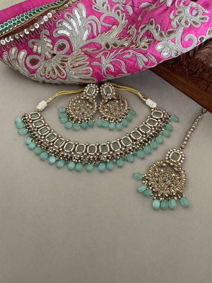 Mintgreen Polki Jewelry Set/Mehndi Polish Set/Bollywood Jewelry/Polki Necklace Set/Polki Chandbalis/Indian Jewelry Set/Tika Set