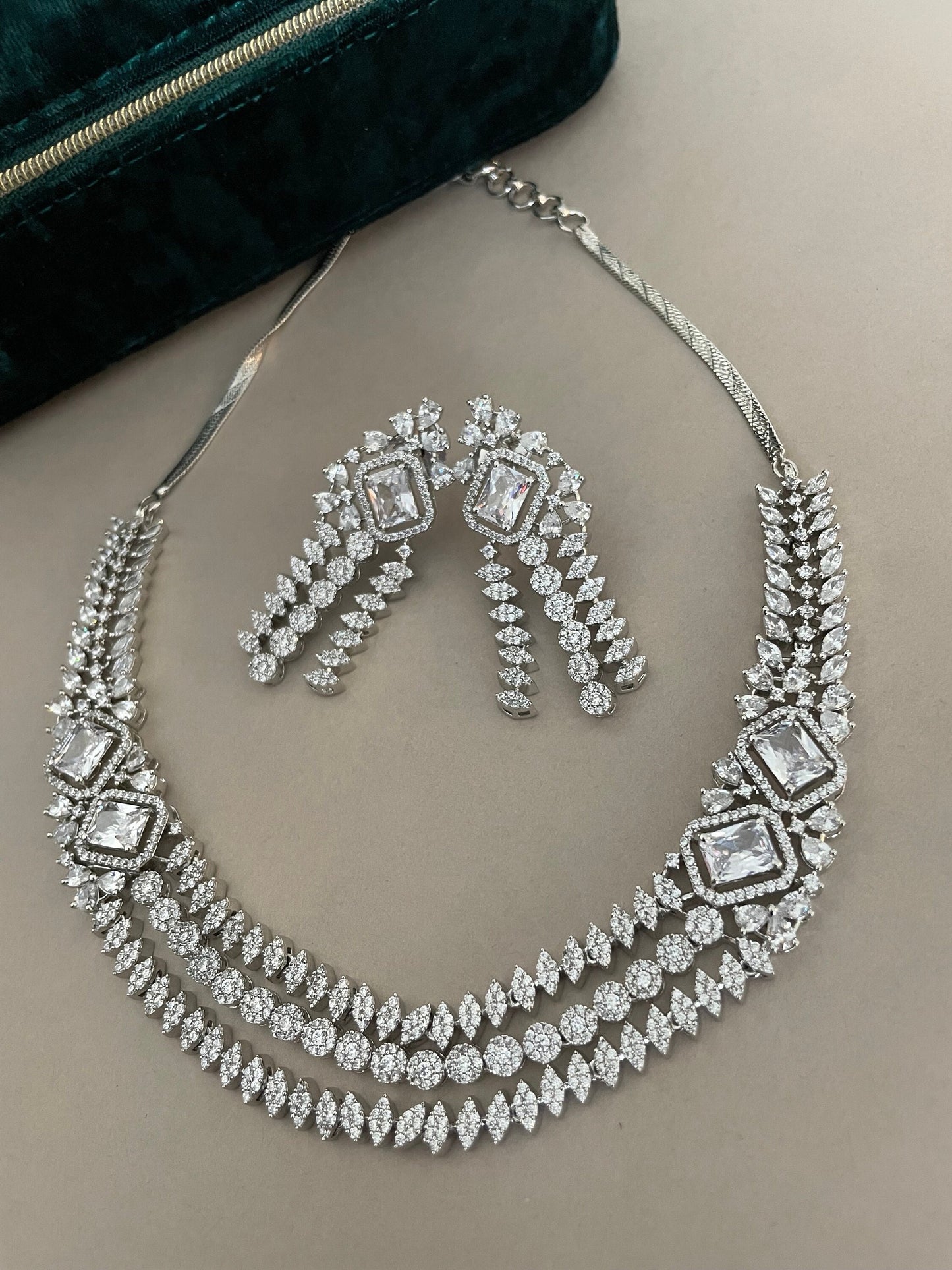 Diamond Set/American Diamond Set/CZ Set/Cocktail Necklace Set/Diamond Earrings/Cubic Zirconia/Indian Jewelry Set/Wedding Set