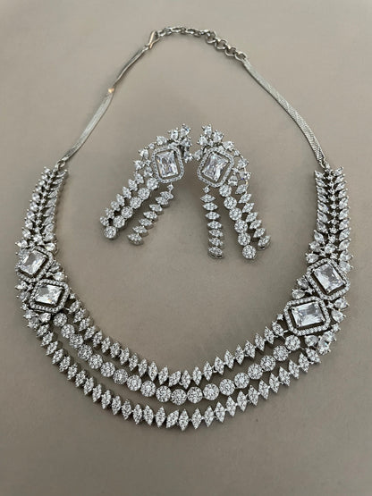 Diamond Set/American Diamond Set/CZ Set/Cocktail Necklace Set/Diamond Earrings/Cubic Zirconia/Indian Jewelry Set/Wedding Set