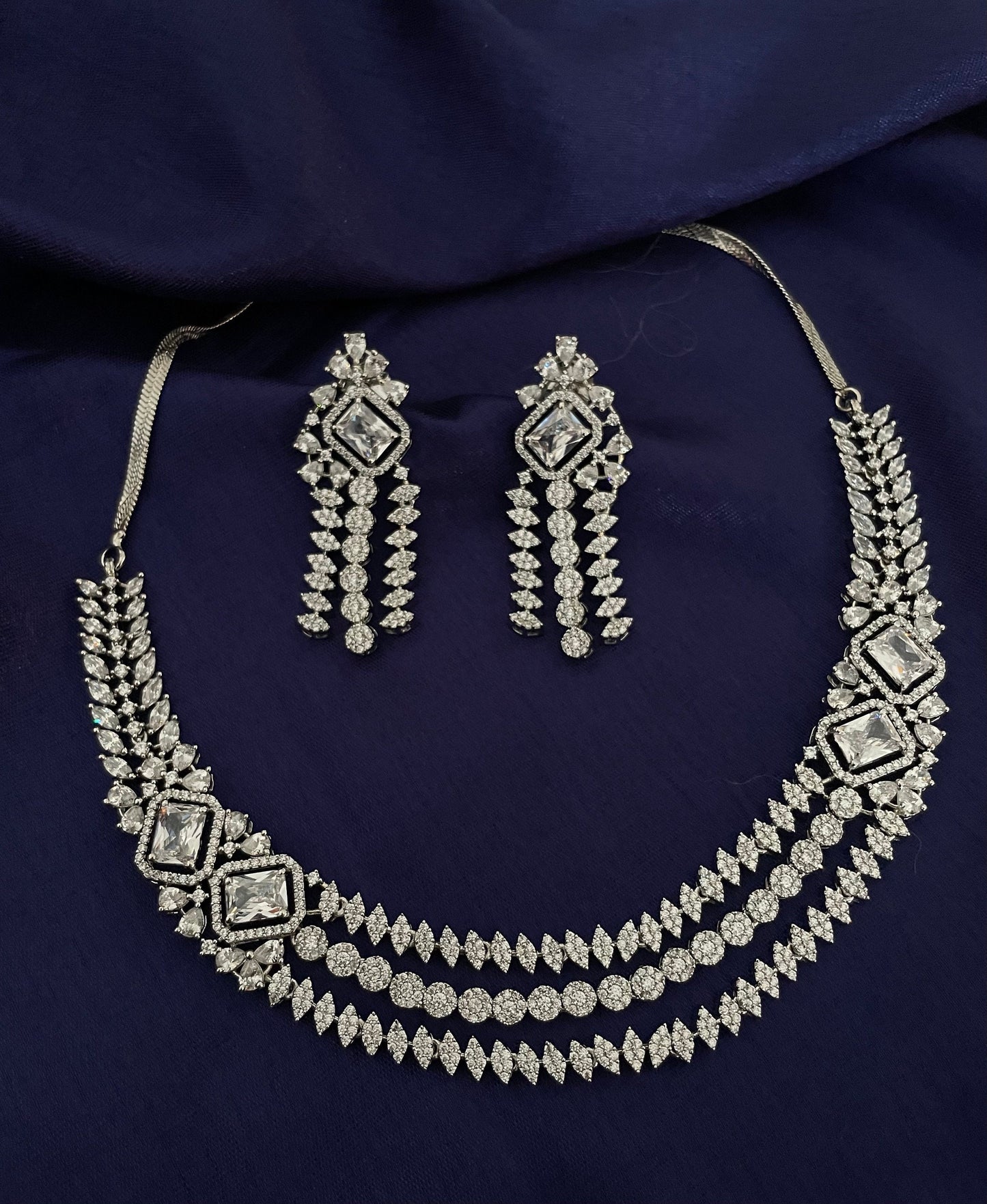 Diamond Set/American Diamond Set/CZ Set/Cocktail Necklace Set/Diamond Earrings/Cubic Zirconia/Indian Jewelry Set/Wedding Set