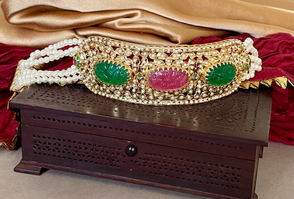Pink and Green Jadau Choker Necklace Set