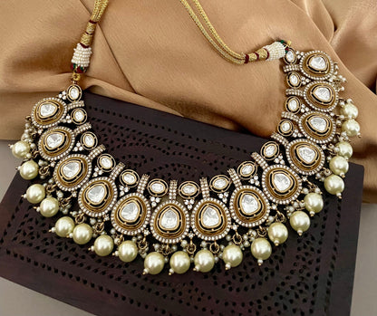 Mossanite Diamond Jewelry Set/Uncut Polki Necklace Set/Antique Gold Jewelry Set/CZ Jewelry Set/Bollywood Jewelry/Indian Jewelry Set