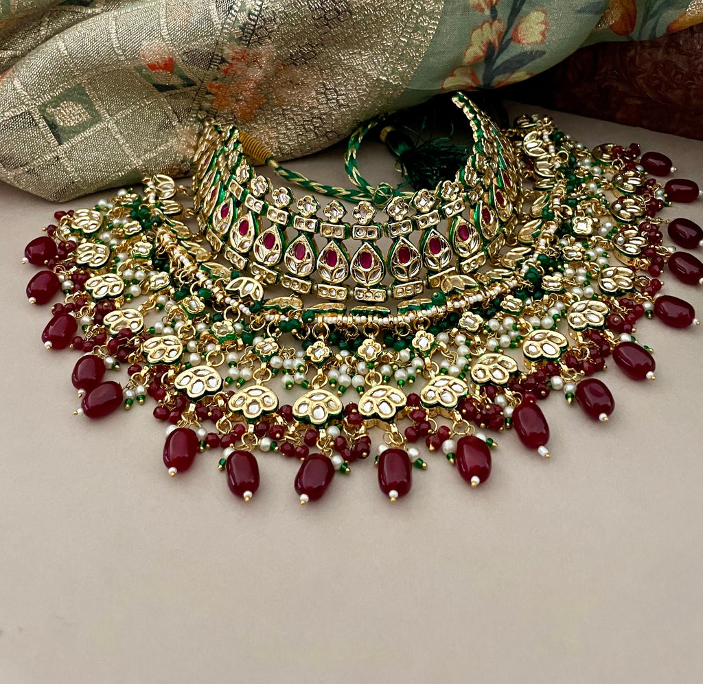 Green and Red Kundan Bridal Necklace Set