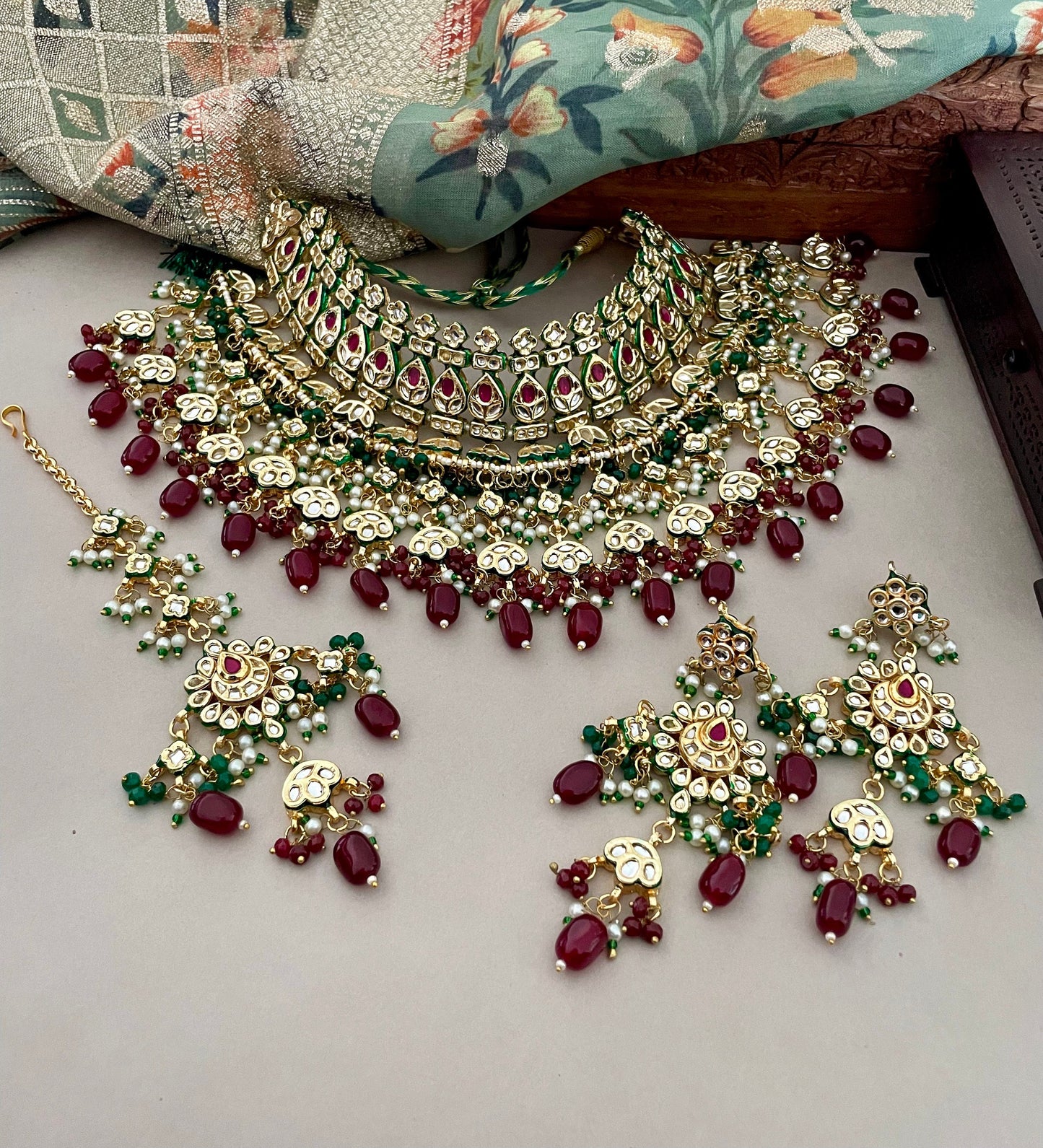 Indian Bridal Jewelry Set/Maroon Bridal Set/Red & Mintgreen Kundan Necklace Set/Meenawork Set/Indian Jewelry/Bollywood Jewelry/Wedding Set