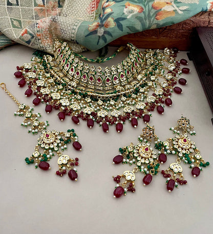 Indian Bridal Jewelry Set/Maroon Bridal Set/Red & Mintgreen Kundan Necklace Set/Meenawork Set/Indian Jewelry/Bollywood Jewelry/Wedding Set