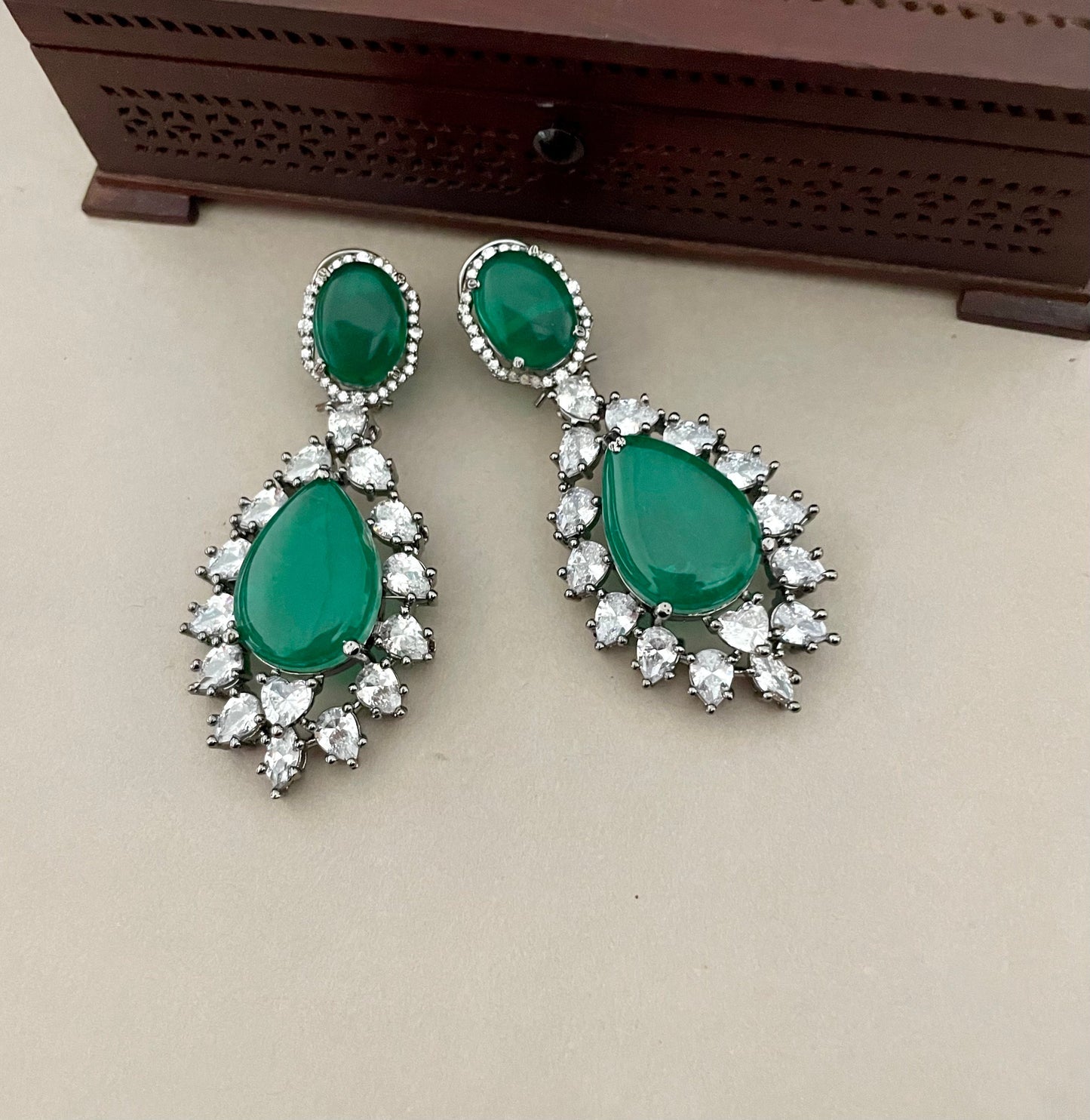 Green Diamond Earrings/Victorian Earrings/Indian Jewelry/Indian Earrings/CZ Earrings/American Diamond/Cocktail Earrings/Wedding Jewelry