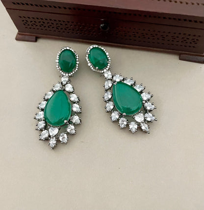 Green Diamond Earrings/Victorian Earrings/Indian Jewelry/Indian Earrings/CZ Earrings/American Diamond/Cocktail Earrings/Wedding Jewelry