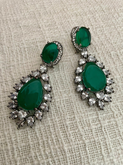 Green Diamond Earrings/Victorian Earrings/Indian Jewelry/Indian Earrings/CZ Earrings/American Diamond/Cocktail Earrings/Wedding Jewelry