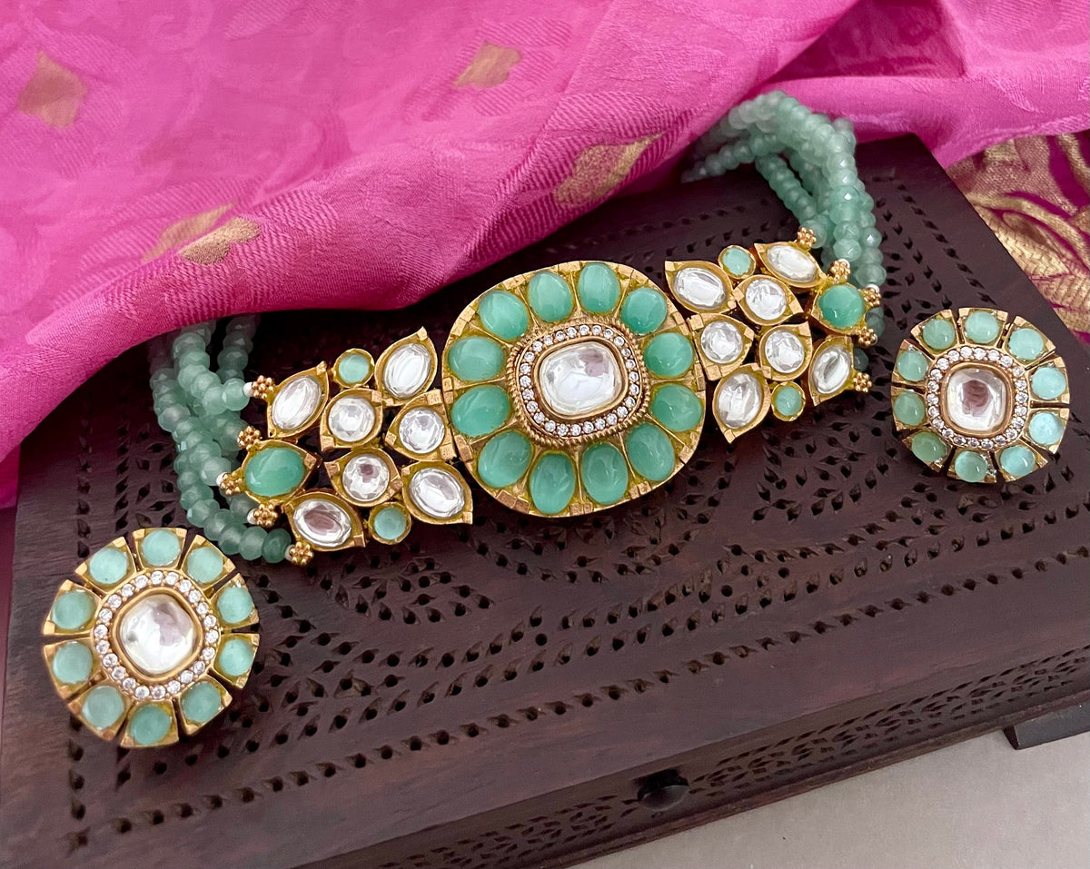 Mintgreen Kundan Choker Necklace Set