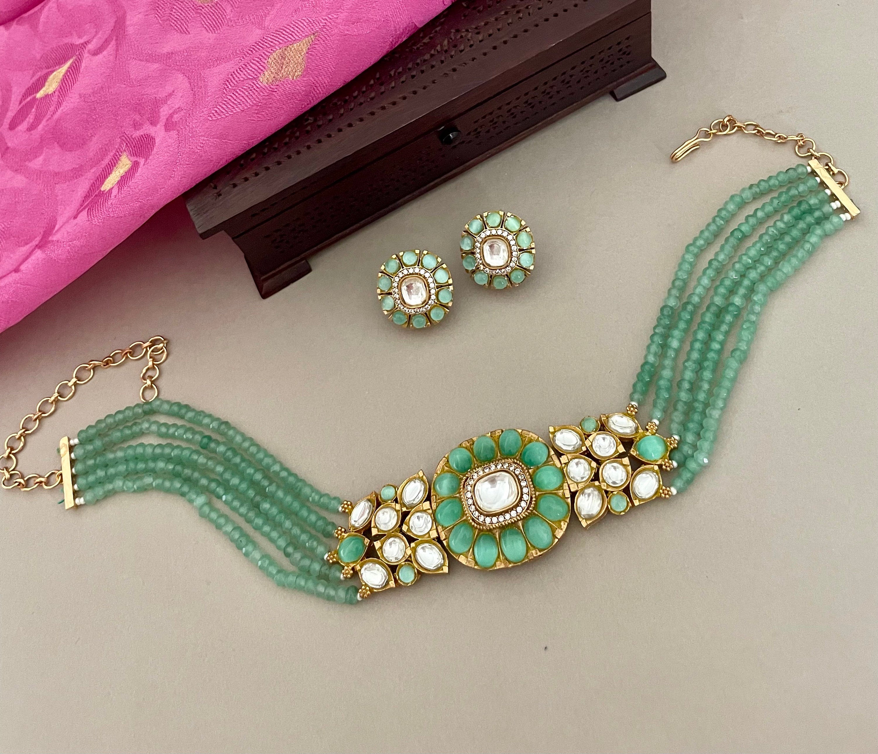 Mintgreen Kundan Choker Necklace Set