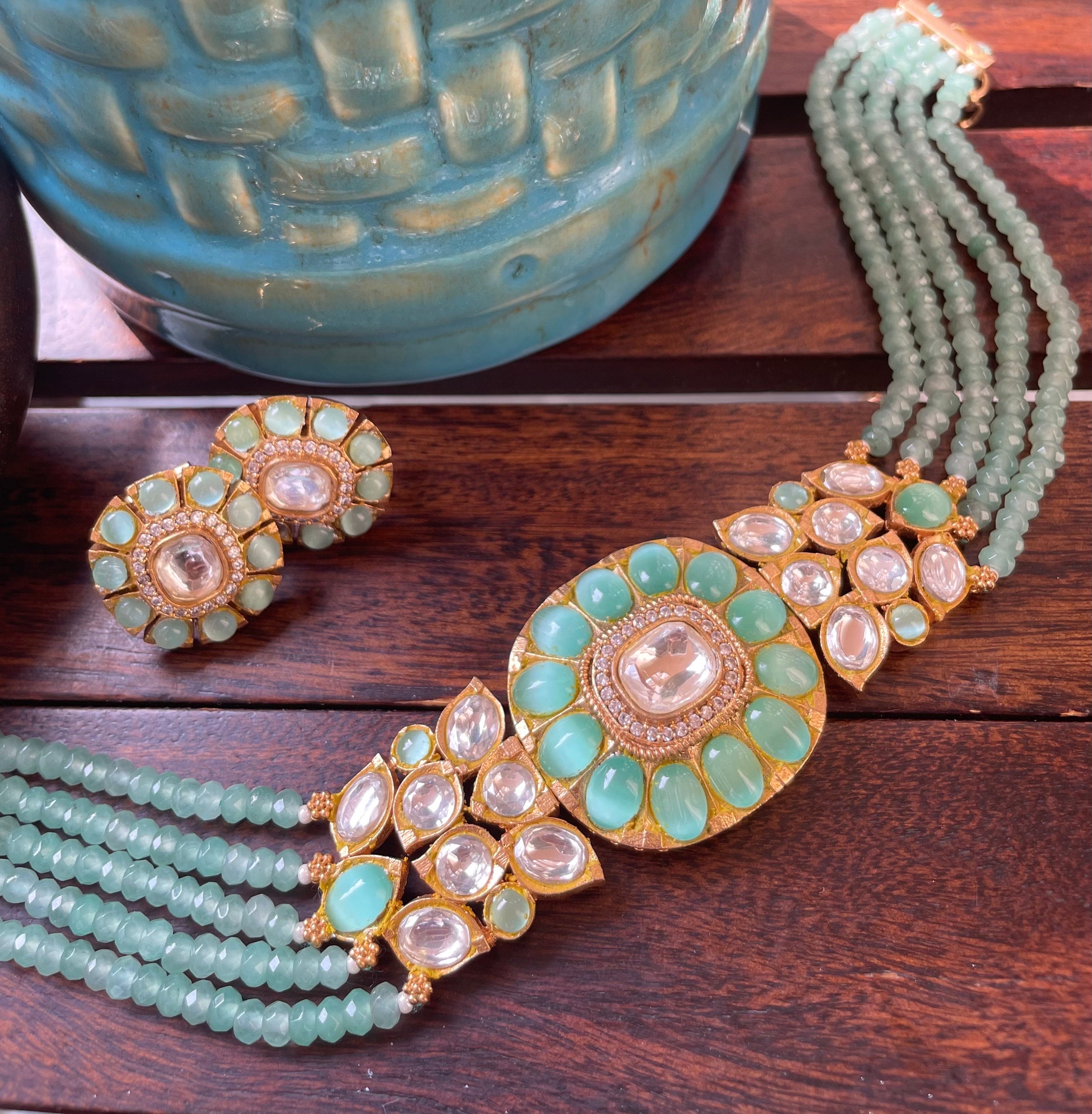 Mintgreen Kundan Choker Necklace Set