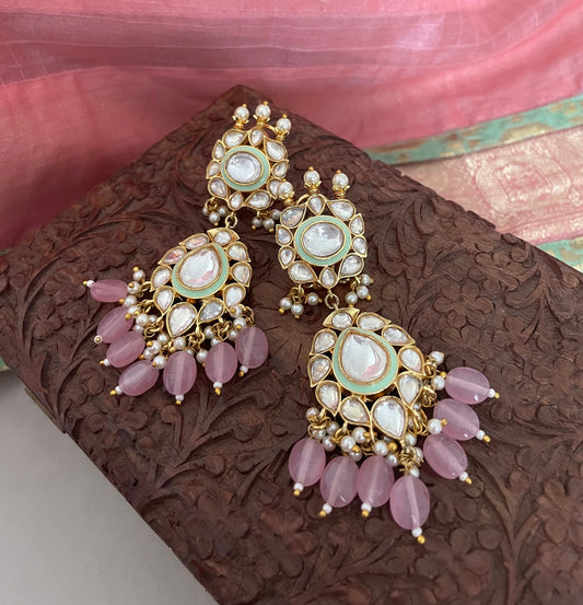 Pink and Mintgreen Kundan Earrings/Meenakari Earrings/Long Wedding Earrings/Indian Jewelry/Indian Earrings/Bollywood Jewelry