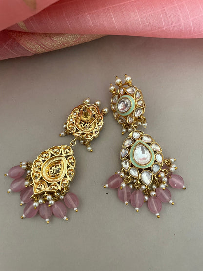 Pink and Mintgreen Kundan Earrings/Meenakari Earrings/Long Wedding Earrings/Indian Jewelry/Indian Earrings/Bollywood Jewelry