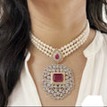 Red Faux Diamond Pearls Necklace Set