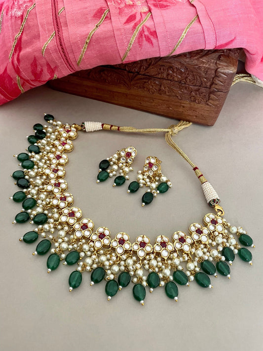 Red and Green Kundan Necklace Set/Dainty Kundan Jewelry Set/Indian Jewelry/Bollywood Jewelry/Kundan Earrings/Wedding Jewelry