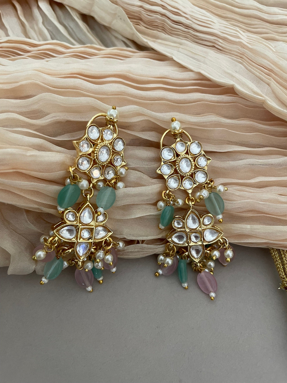 Pink and Mintgreen Kundan Necklace Set