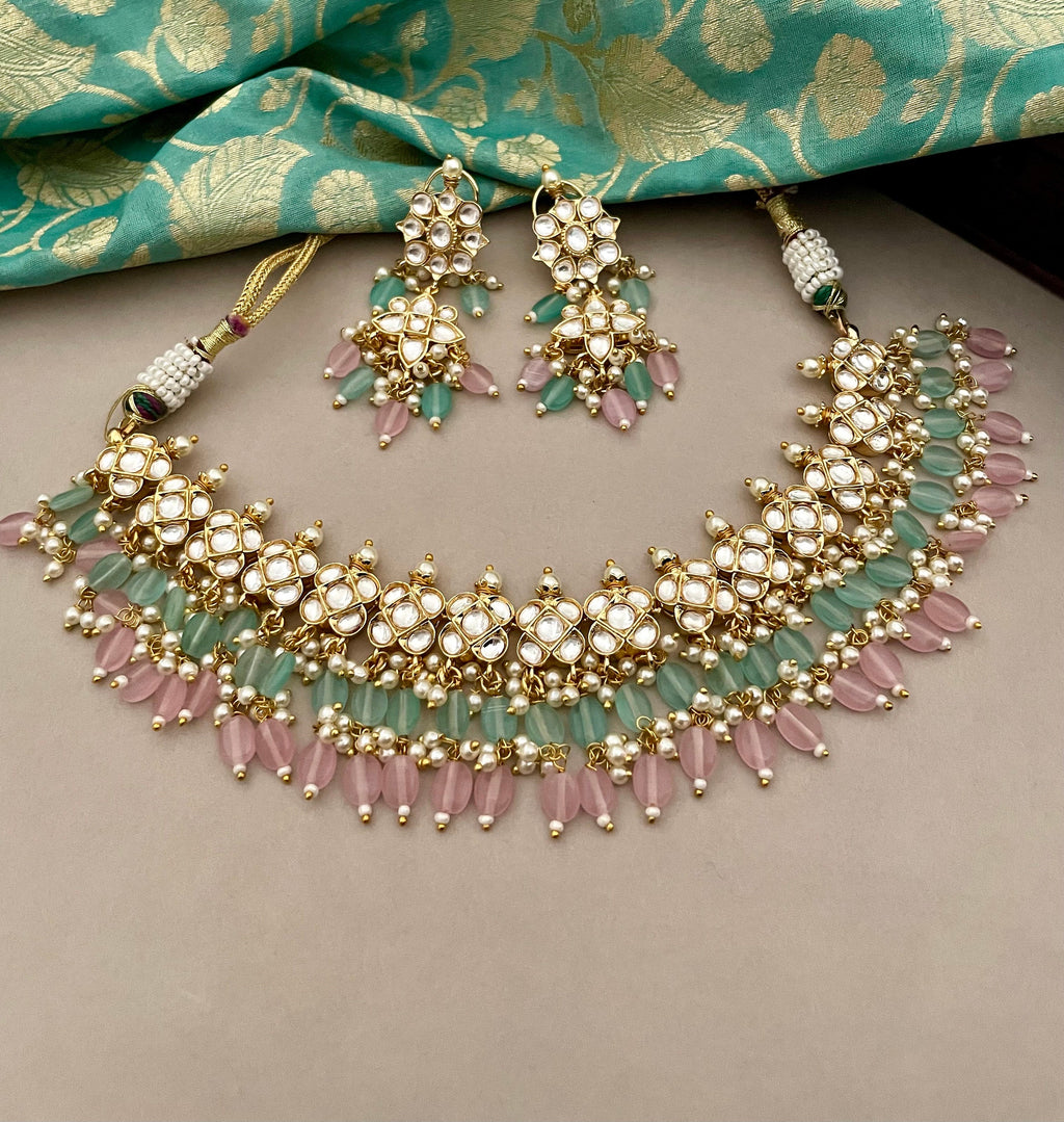 Pink and Mintgreen Kundan Necklace Set