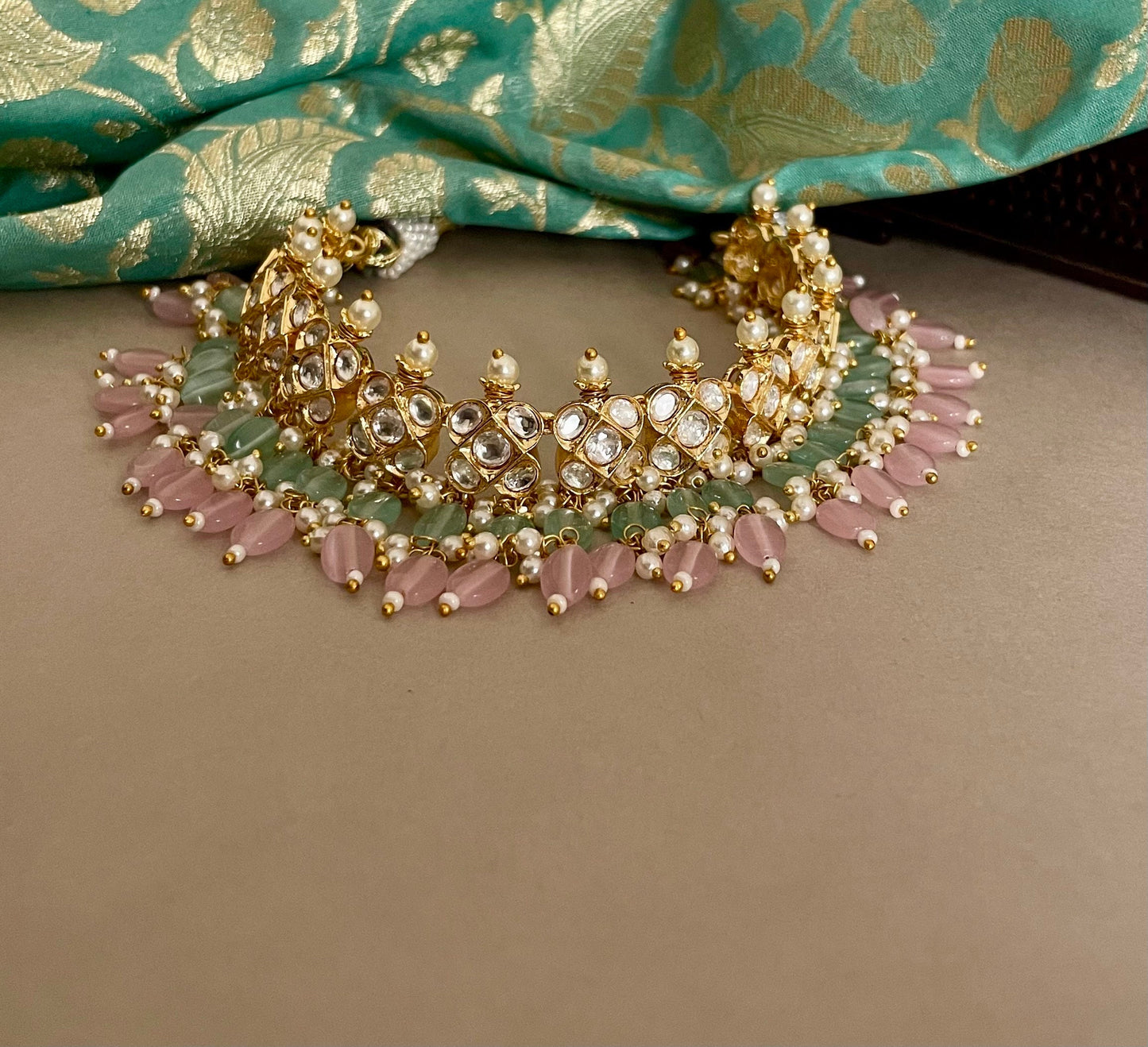 Pink and Mintgreen Kundan Necklace Set/Next to Real/Fine Jewelry/Dainty Kundan Jewelry Set/Indian Jewelry/Bollywood Jewelry/Wedding Jewelry