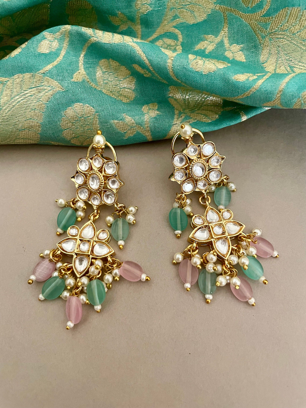 Pink and Mintgreen Kundan Necklace Set