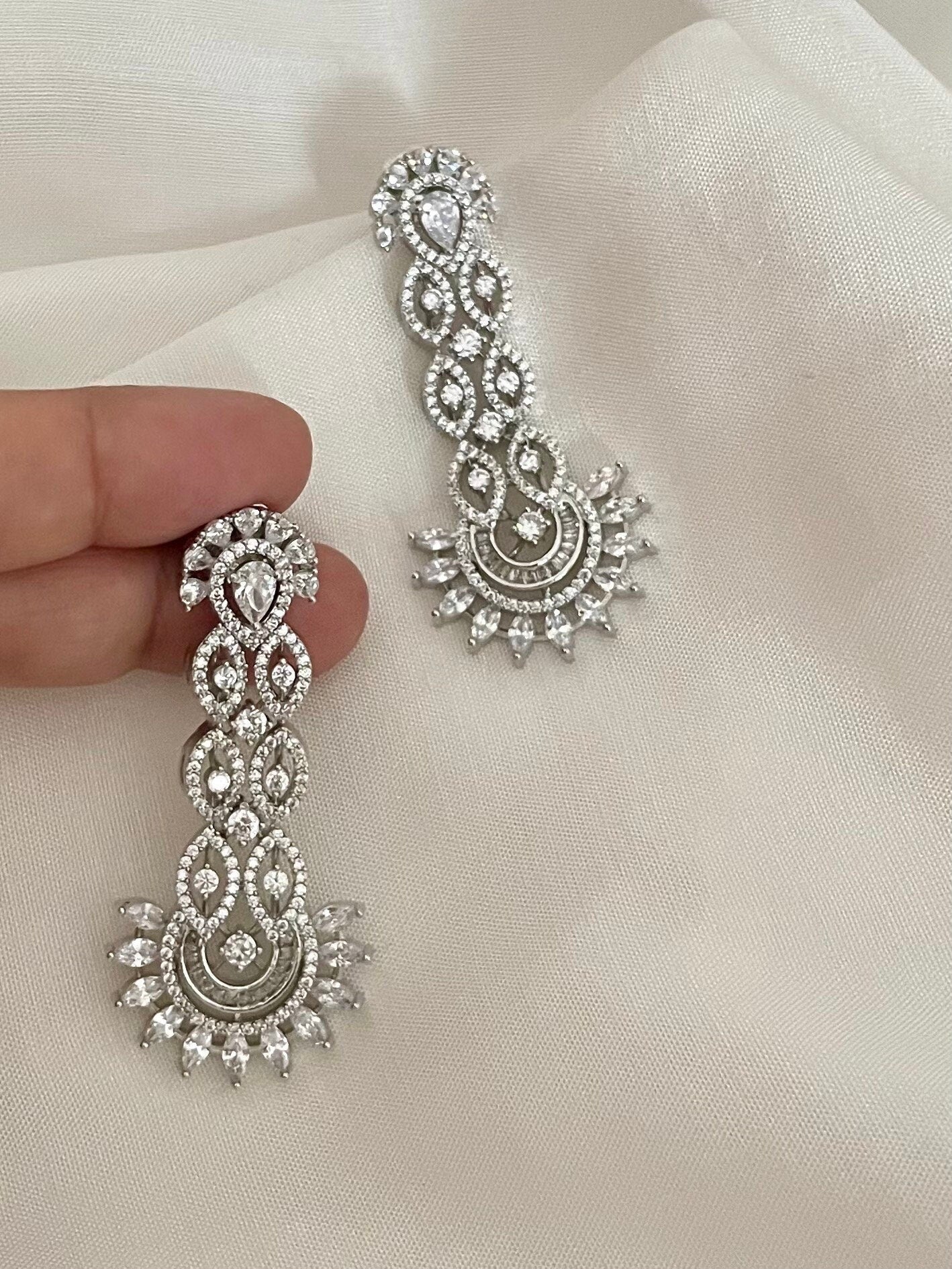 Diamond Earrings/Indian Earrings/Silver CZ Earrings/Lightweight Earrings/Next to Real Diamond Earrings/Cocktail Earrings/Wedding Jewelry