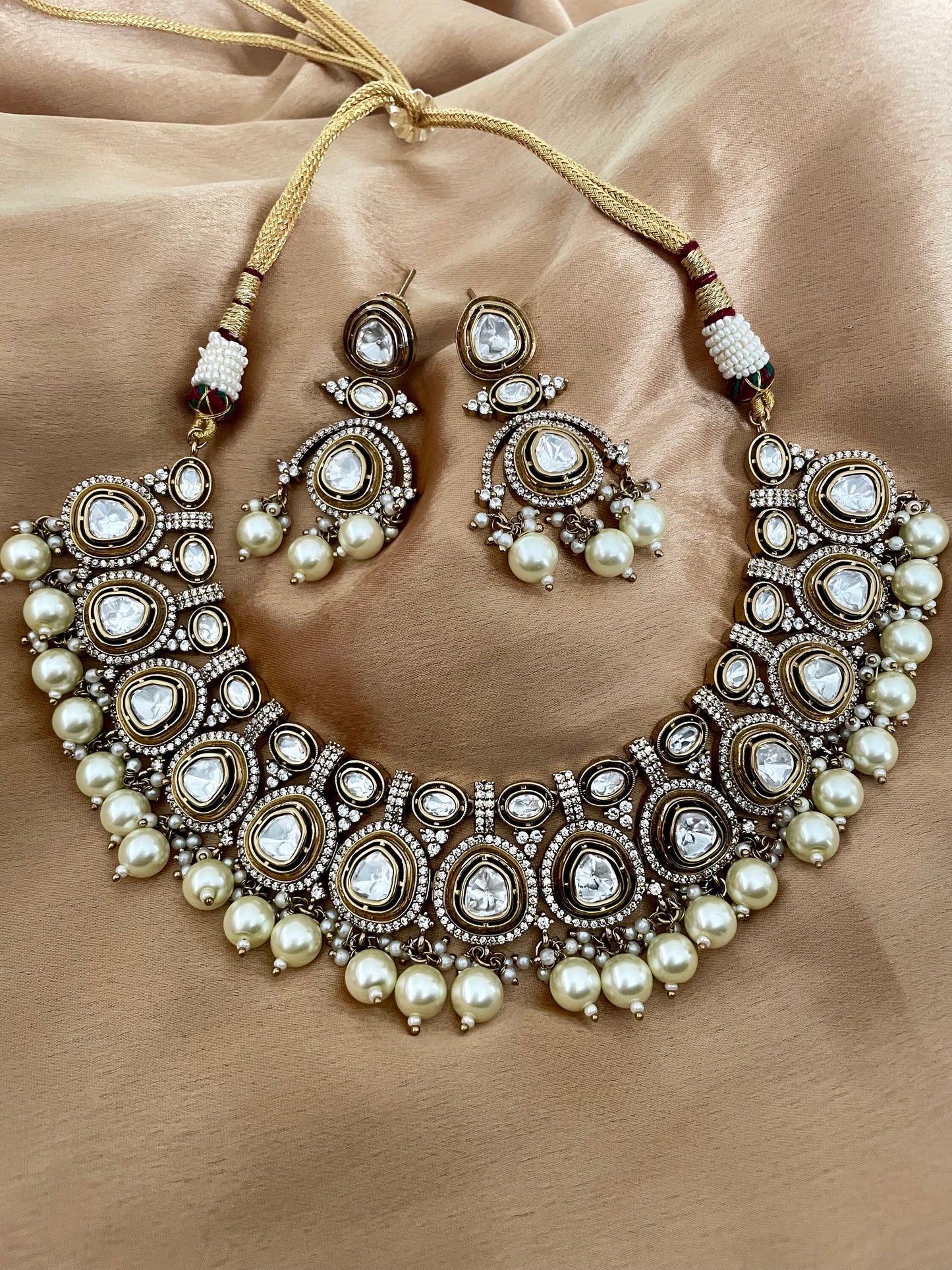 Mossanite Diamond Jewelry Set/Uncut Polki Necklace Set/Antique Gold Jewelry Set/CZ Jewelry Set/Bollywood Jewelry/Indian Jewelry Set
