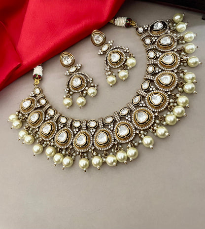 Mossanite Diamond Jewelry Set/Uncut Polki Necklace Set/Antique Gold Jewelry Set/CZ Jewelry Set/Bollywood Jewelry/Indian Jewelry Set