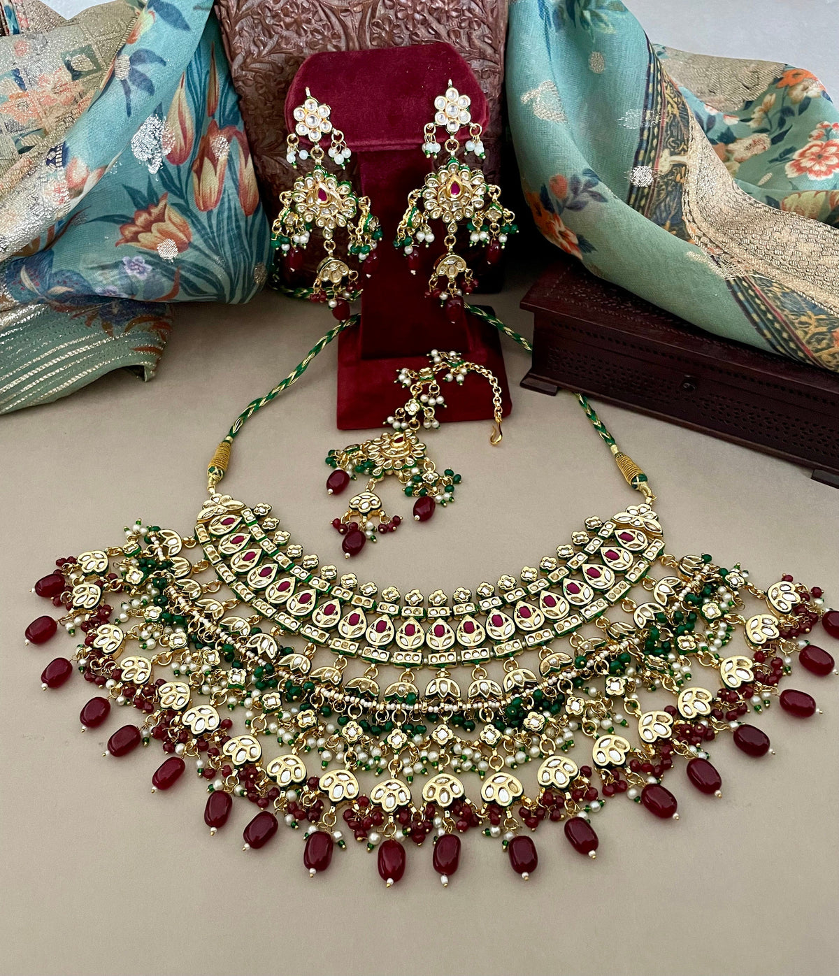 Green and Red Kundan Bridal Necklace Set