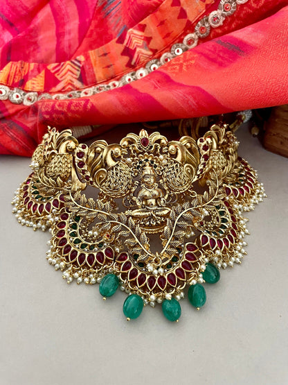 Sabyasachi Inspired/Red and Green Temple Bridal Jewelry Set/Goddess Lakshmi  Bridal Set/Indian Bridal Jewelry Set/Bollywood Jewelry