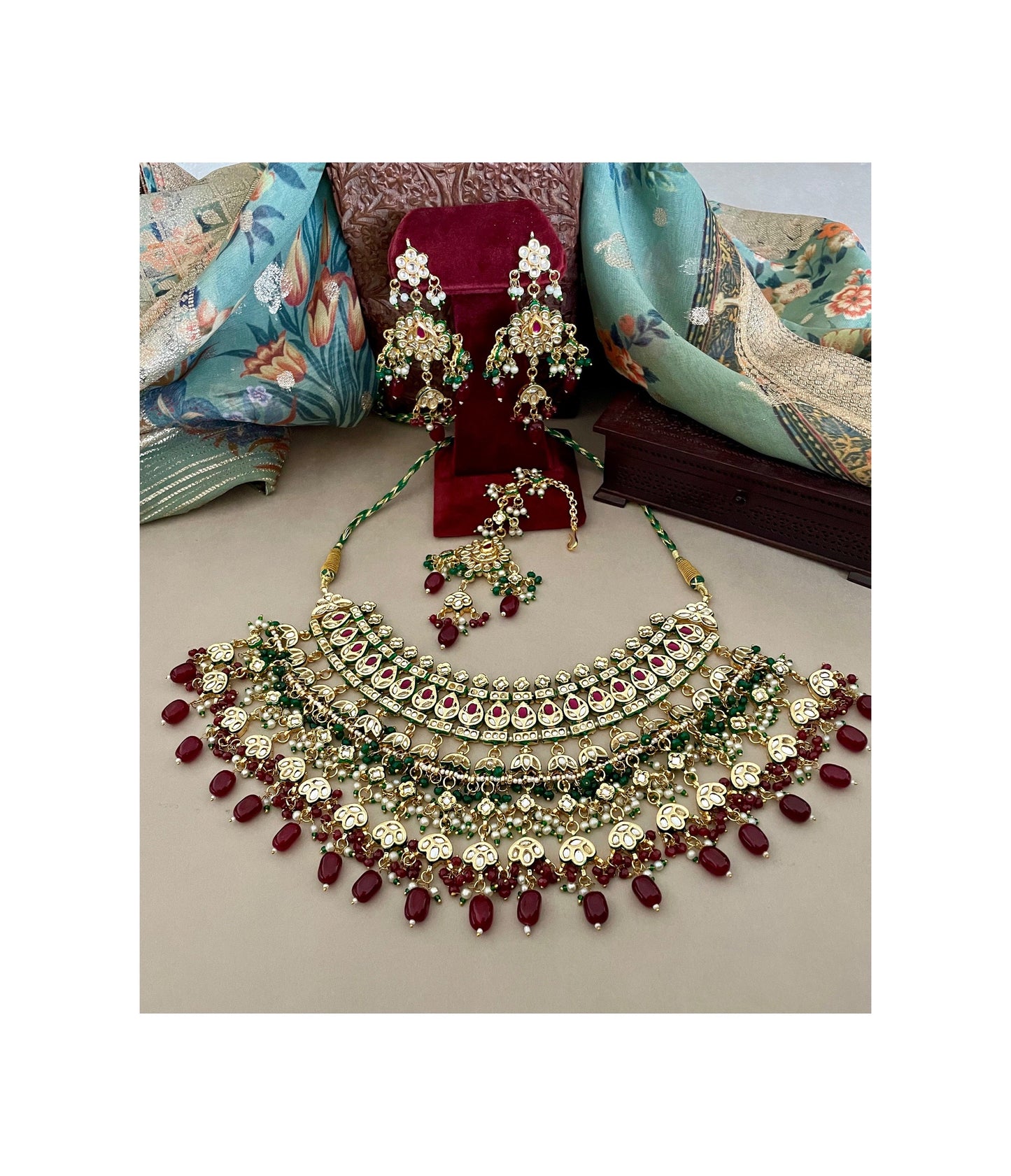 Indian Bridal Jewelry Set/Maroon Bridal Set/Red & Mintgreen Kundan Necklace Set/Meenawork Set/Indian Jewelry/Bollywood Jewelry/Wedding Set