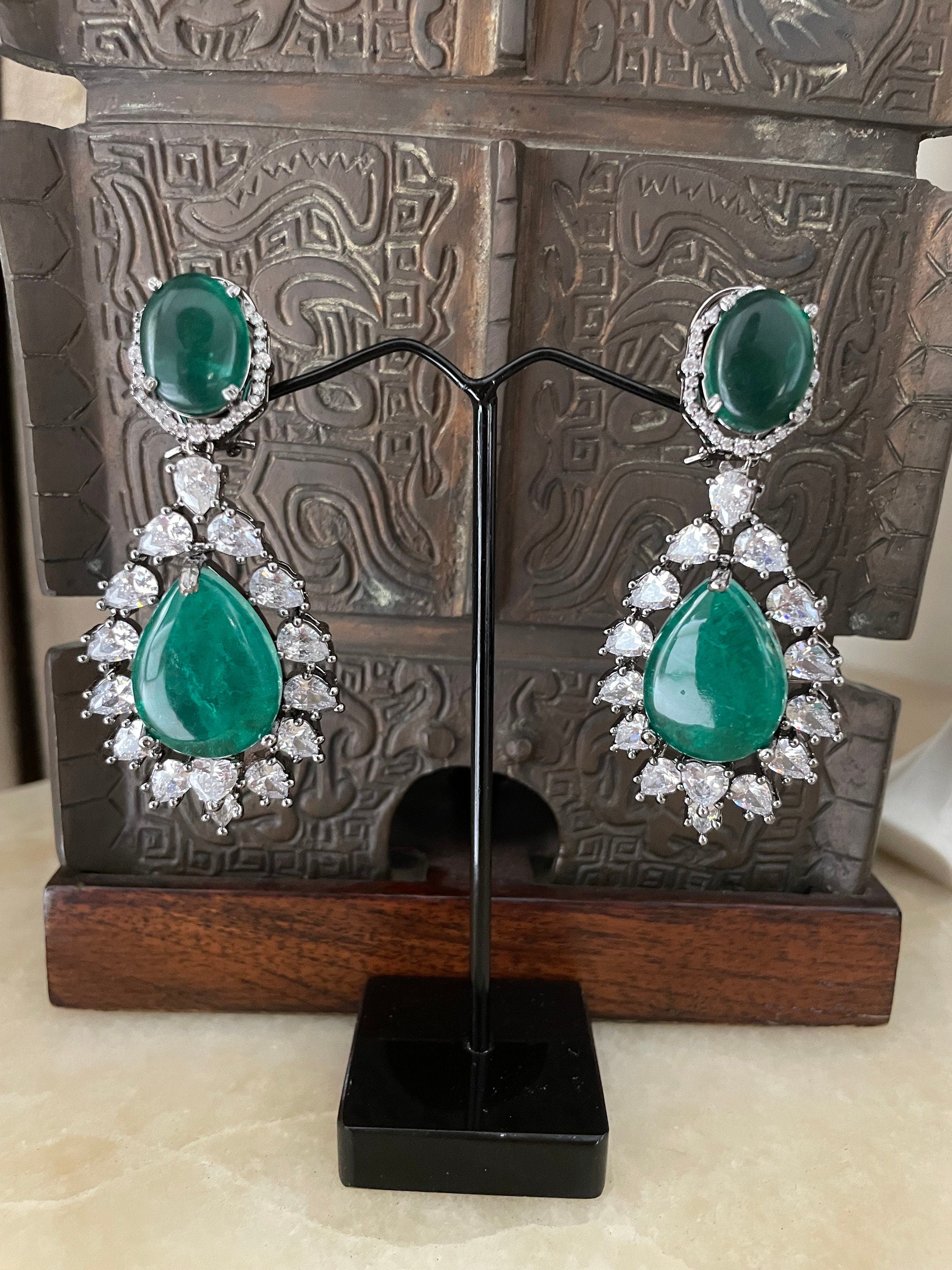 Green Victorian Faux Diamond Earrings