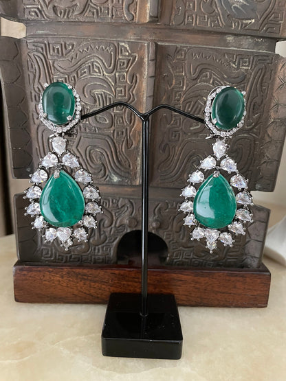 Green Diamond Earrings/Victorian Earrings/Indian Jewelry/Indian Earrings/CZ Earrings/American Diamond/Cocktail Earrings/Wedding Jewelry