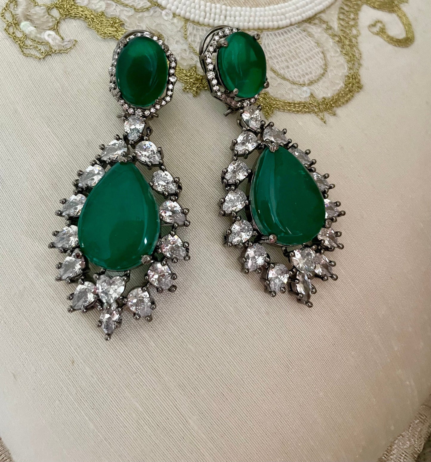 Green Diamond Earrings/Victorian Earrings/Indian Jewelry/Indian Earrings/CZ Earrings/American Diamond/Cocktail Earrings/Wedding Jewelry