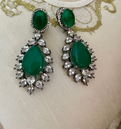 Green Diamond Earrings/Victorian Earrings/Indian Jewelry/Indian Earrings/CZ Earrings/American Diamond/Cocktail Earrings/Wedding Jewelry