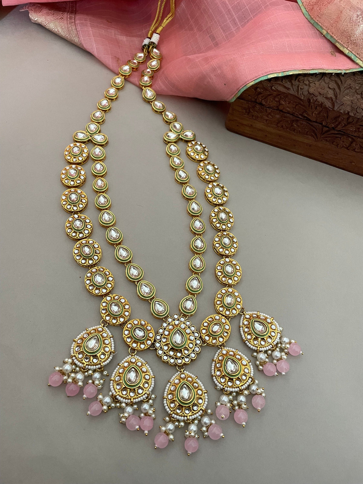 Pink and Mintgreen Kundan Bridal Necklace Set