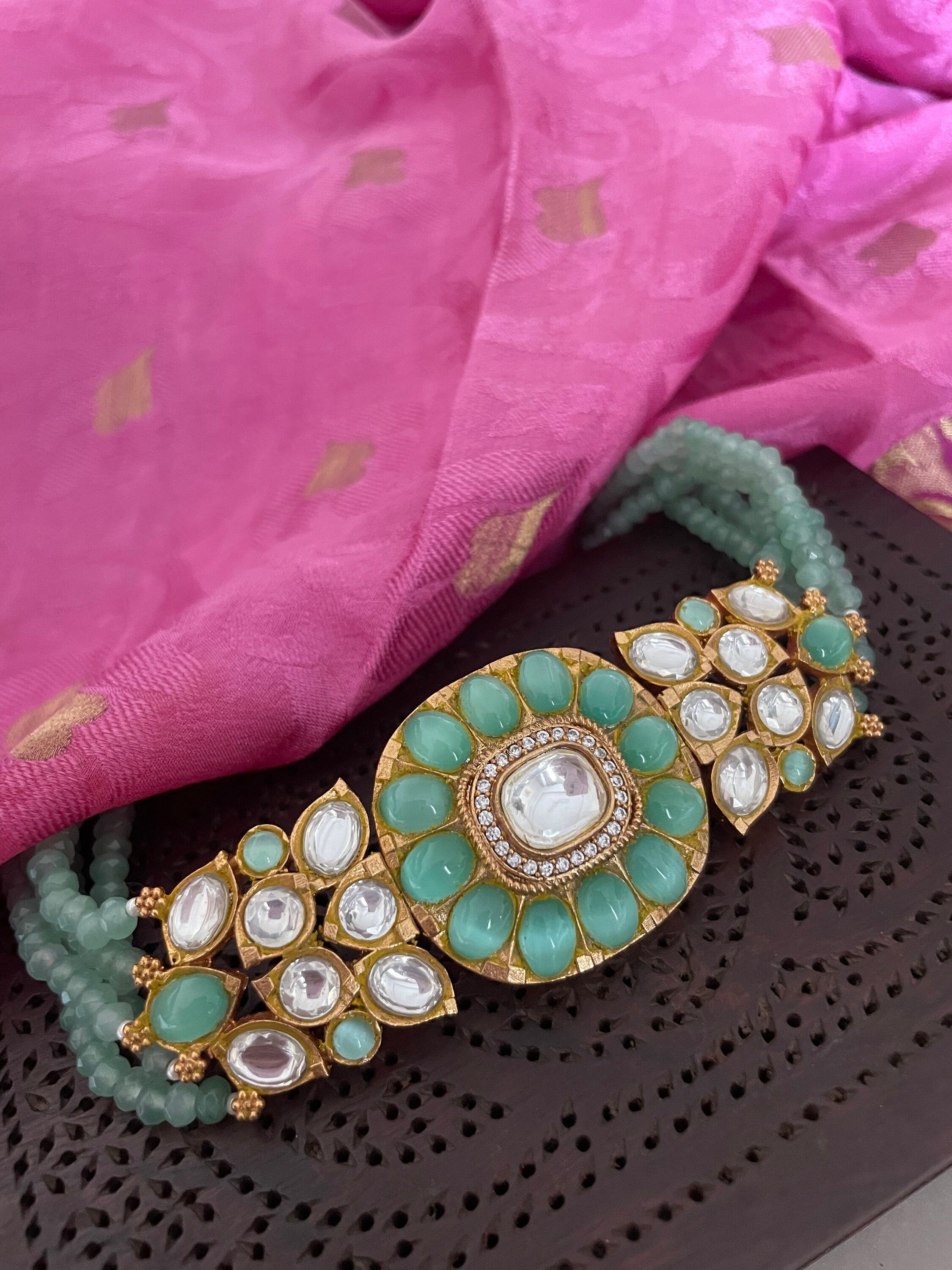 Mintgreen Kundan Choker Necklace Set