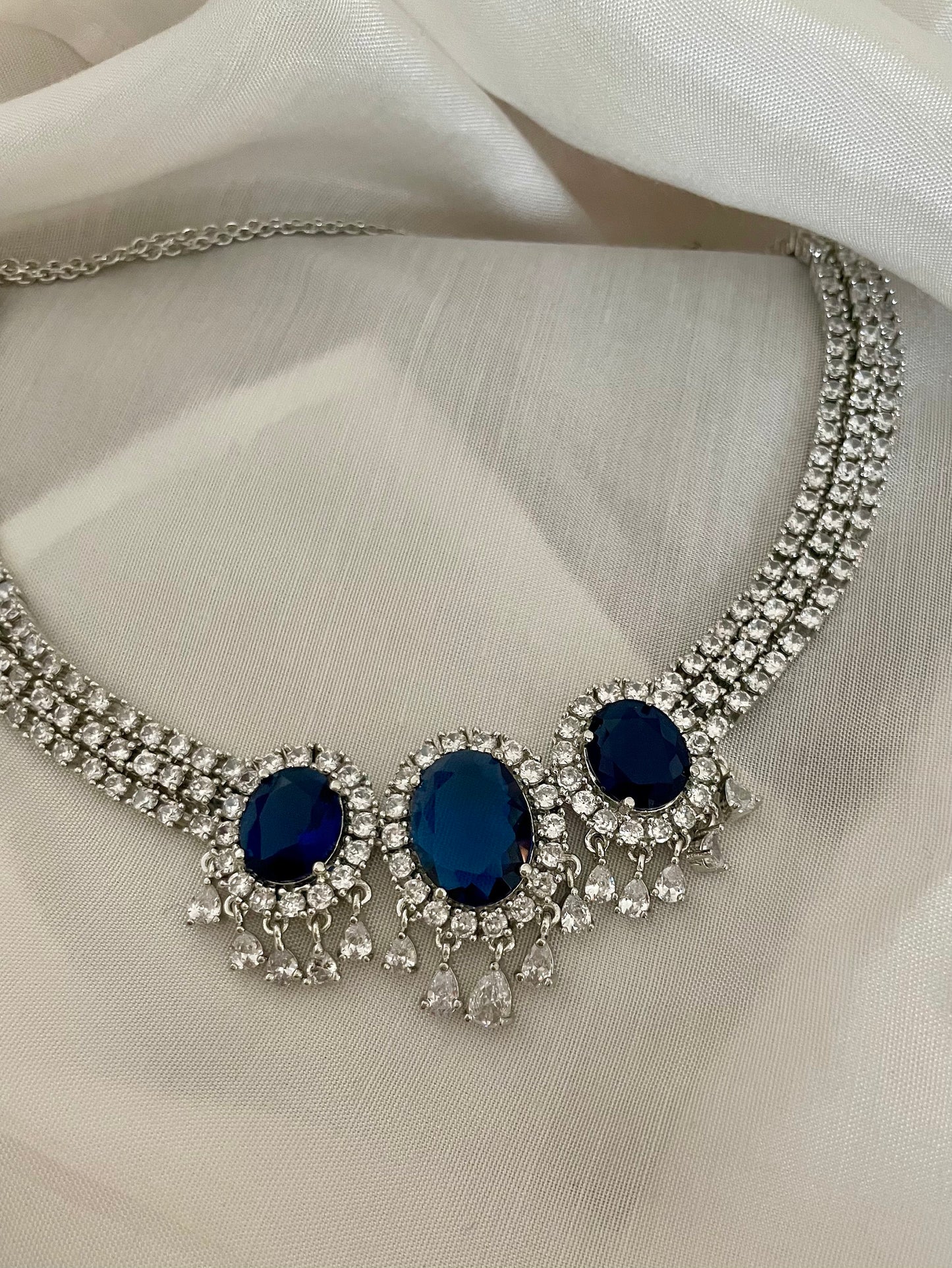 Sapphire Blue Diamond Set/American Diamond Set/CZ Set/Cocktail Necklace Set/Diamond Earrings/Cubic Zirconia/Indian Jewelry Set/Wedding Set