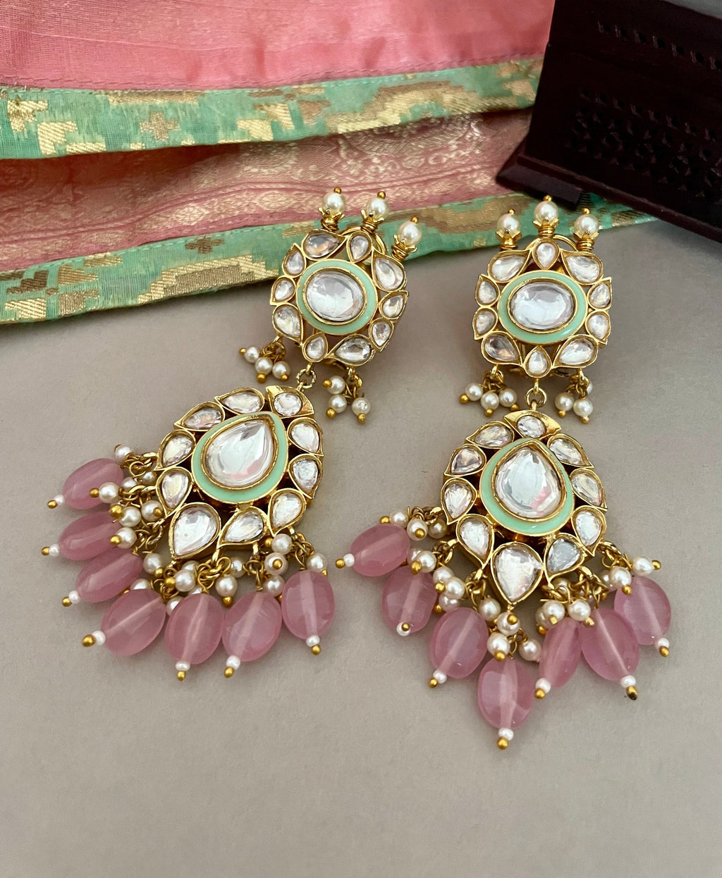 Pink and Mintgreen Kundan Earrings